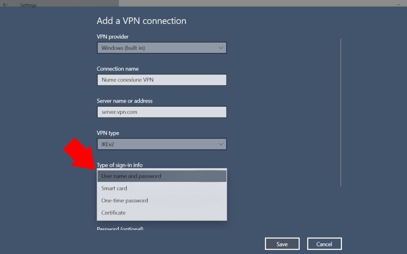 Windows 10: tip autentificare VPN