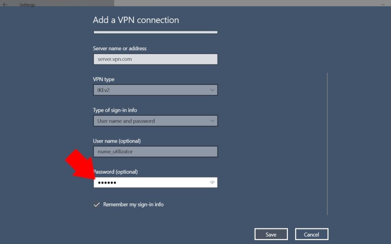 Windows 10: parola conexiunii VPN